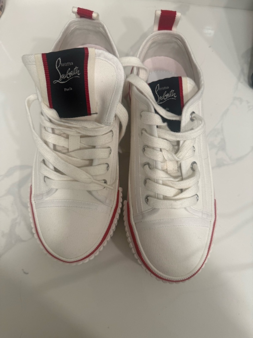 Christian Louboutin White Canvas Low-Top Sneakers with Red Trim